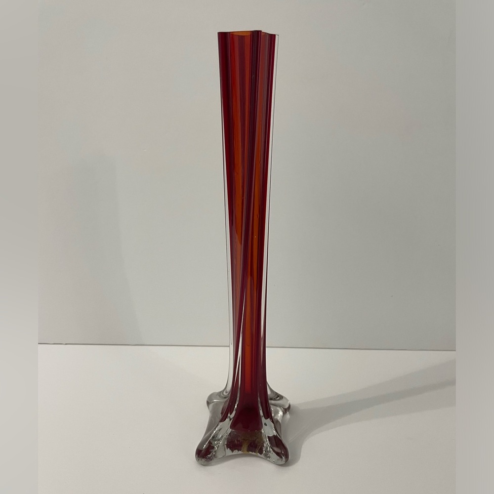 Vintage Mid Century Modern Soliflore Orange Red Amber Glass Bud Vase 10” H